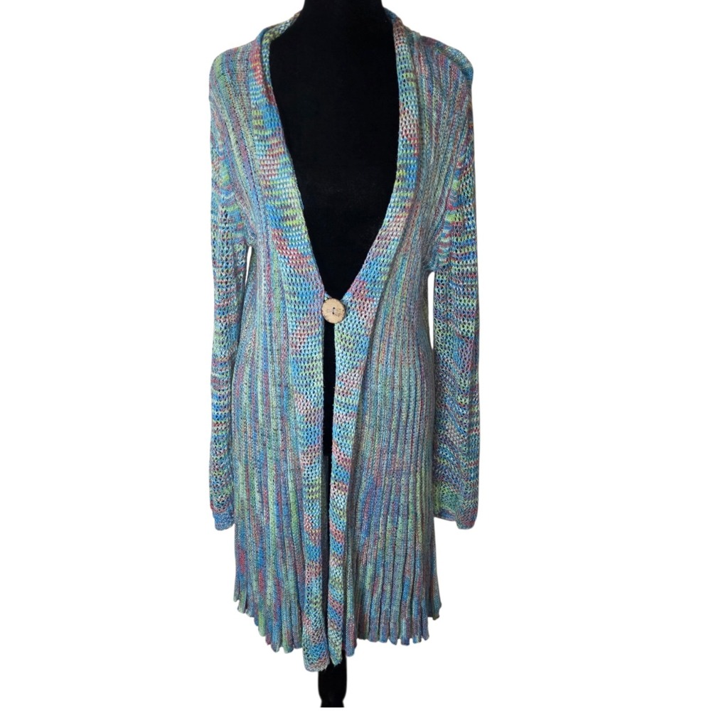 Krazy Kat Womens L Blue Multicolor Boho Fringe Open Knit Cardigan Sweater